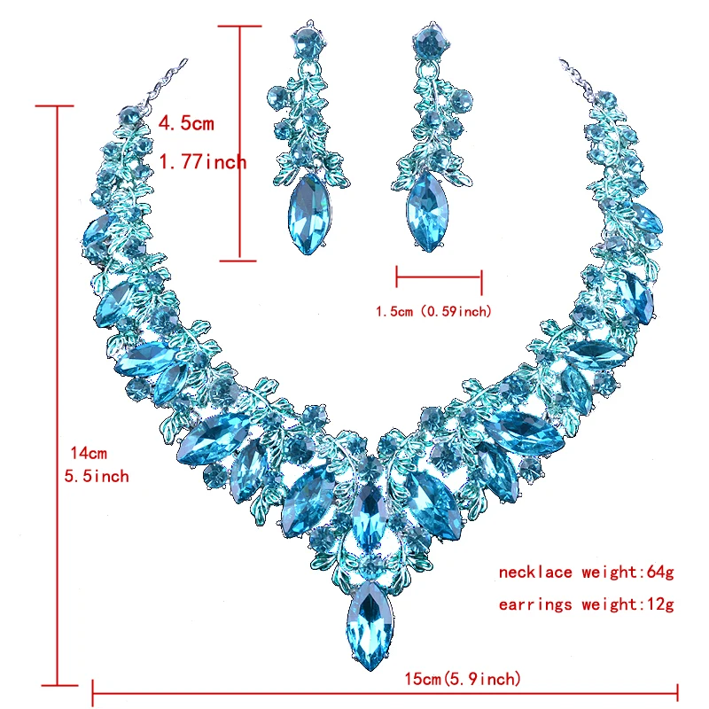 Fashion blue Color Delicate Bridal party jewelry sets marquise glass lake blue necklace and earrings women dress jewelry