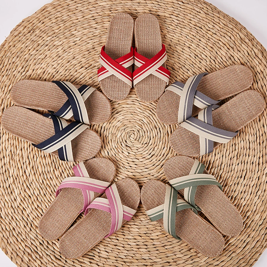 LCIZRONG New Linen Beach Slippers Men 35-45 Large Size Home Shoes Flip Flops Man Indoor Bathroom Slides Unisex Family Slippers