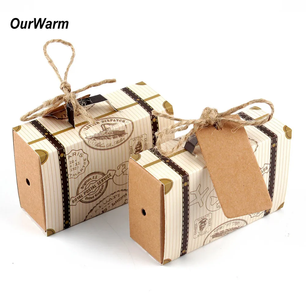 

50pcs Mini Suitcase Kraft Candy Box Bonbonniere Wedding Gift Boxes Travel Themed Party for Anniversary Birthday Baby Shower Box