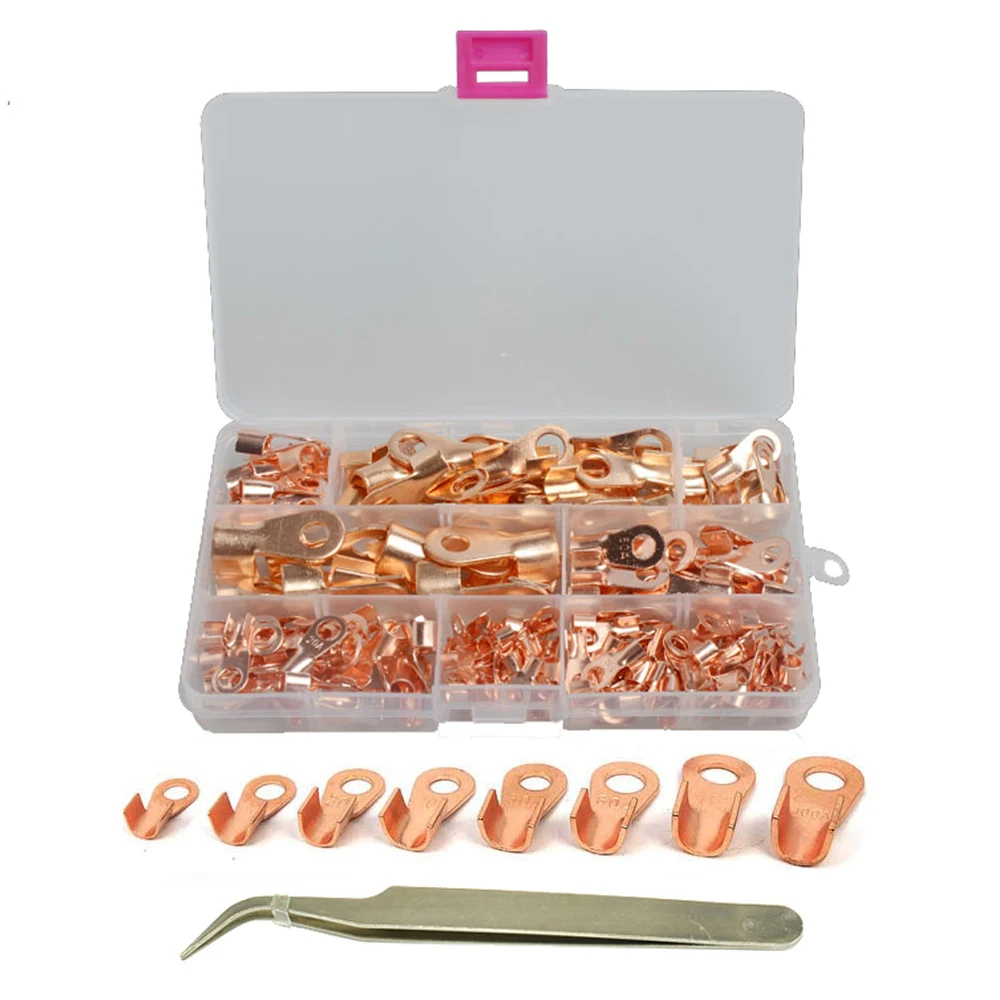 185pcs Open Barrel Wire Crimp Copper Ring Terminal Lugs Assortment Set Kit OT 5A 10A 20A 30A 40A 50A 60A 100A