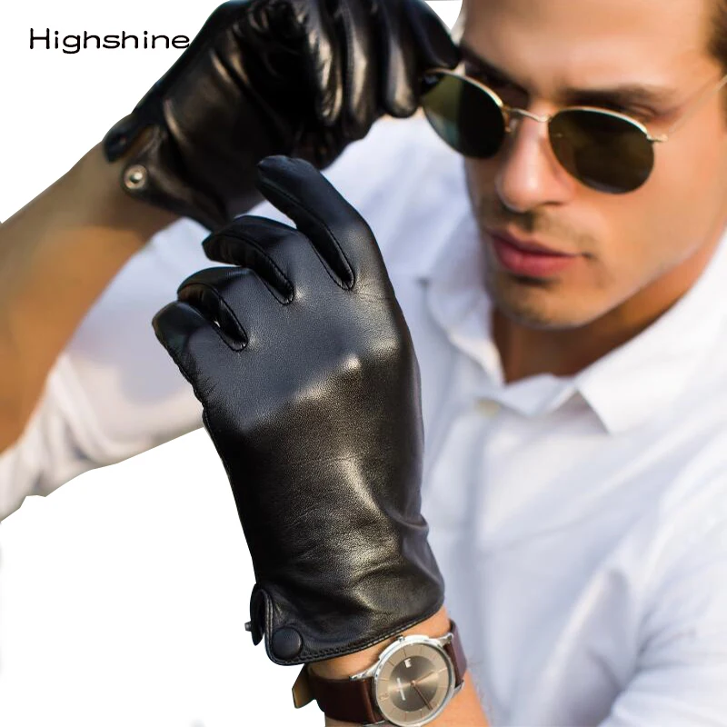 Guantes de piel de oveja auténtica para hombre, guantes negros con botón para pantalla táctil, marca de moda, de cuero cálido para invierno