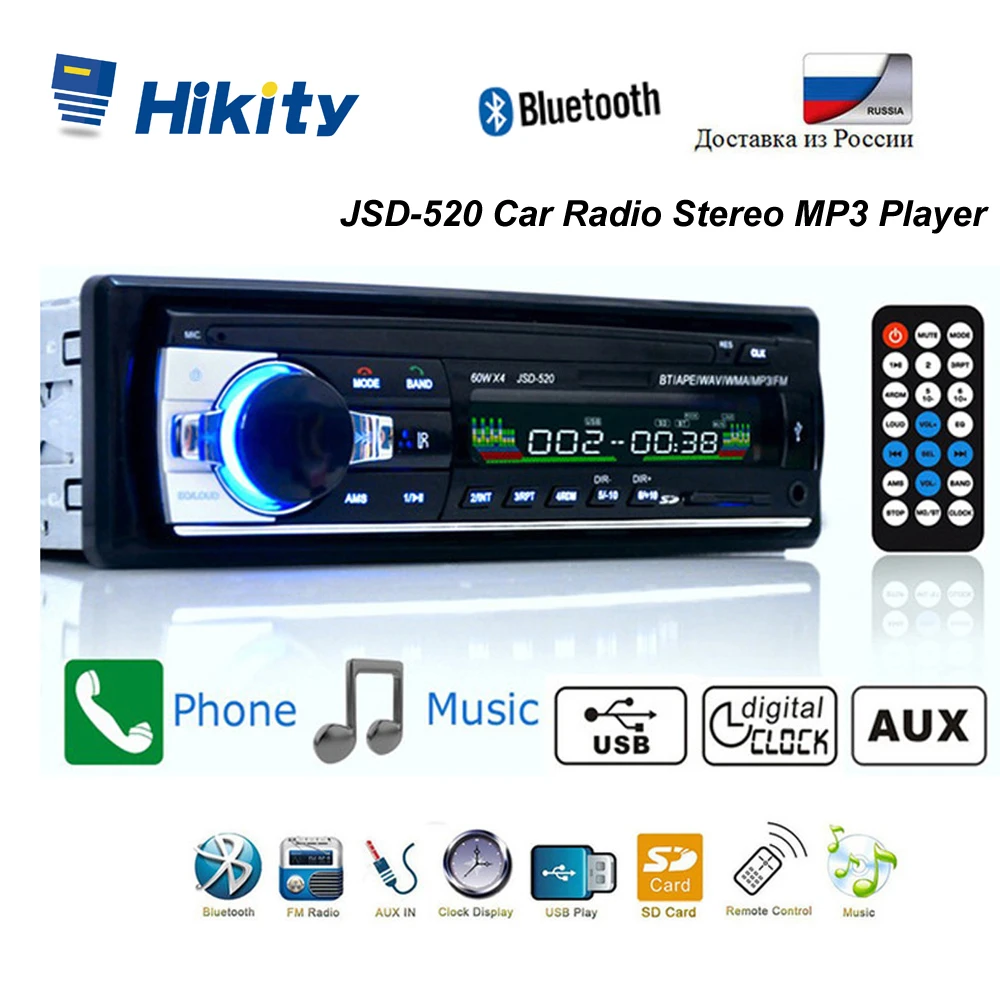 Hikity Bluetooth Autoradio 12V Car Stereo Radio FM Aux-IN Input Receiver SD USB JSD-520 In-dash 1 din Car MP3 Multimedia Player