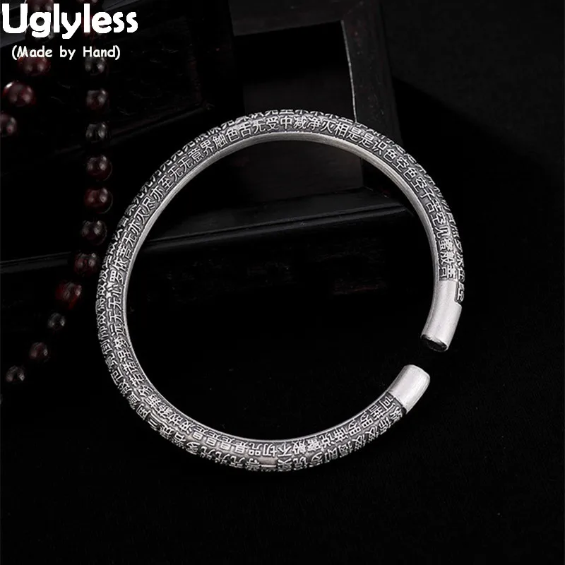 

Uglyless Solid 99.9% Full Silver Round Bangles for Buddhists Thai Silver Heart Sutra Buddhism Bangles Religious Silver Gifts