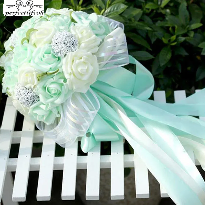 Perfectlifeoh-造花,ミントグリーン,結婚式の花嫁介添人のブーケ