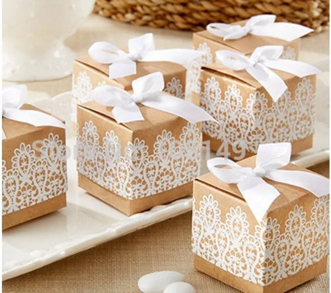 

50 PCS Sweet Love Decoration Candy Sugar Paper Gift Box Rustic Lace Kraft Favor Box With Free Ribbon Wedding and Party