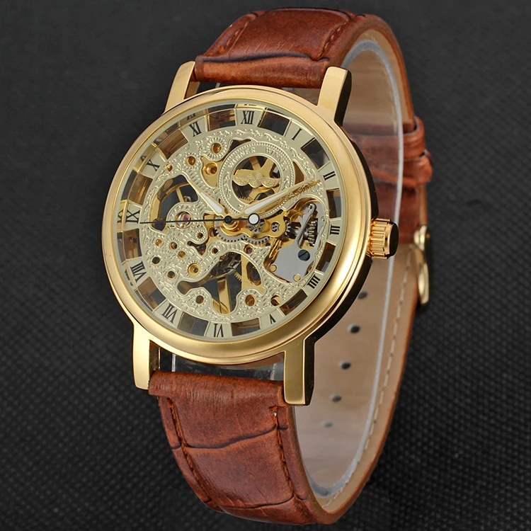 

T-WINNER Mechanical Automatic Double Hollow Jewelry Gold Dazzle Rome Dial Montre Fashion Luxury Men Women Leather Watch