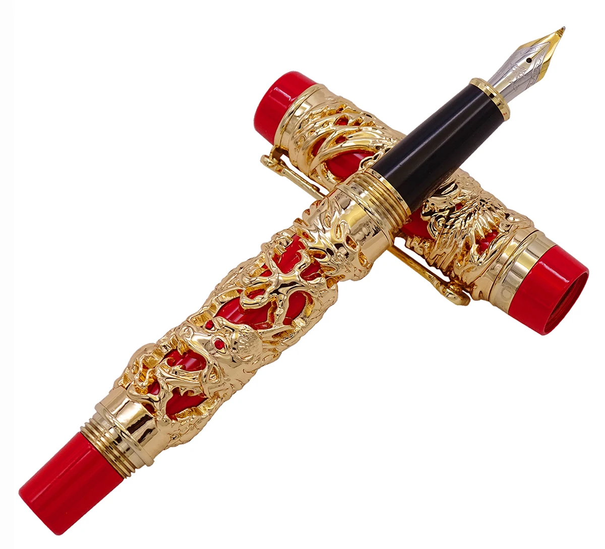 

Jinhao Dragon Phoenix Vintage Luxury Calligraphy Pen Fountain Pen Bent Nib Full Metal Carving Golden & Red for Art Office Gift