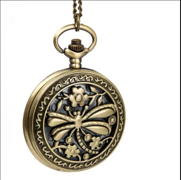 New Bronze antiques Fashion quartz dragonfly Hollow out pendant Necklace pocket watches gift KL5878