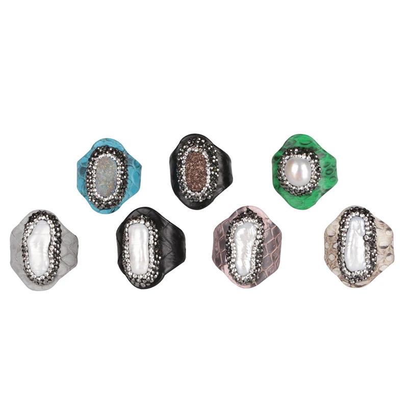 big freshwater pearl bead charm pave rhinestone in grey black pink green snake leather Wrap open rings cuff adjustable unisex