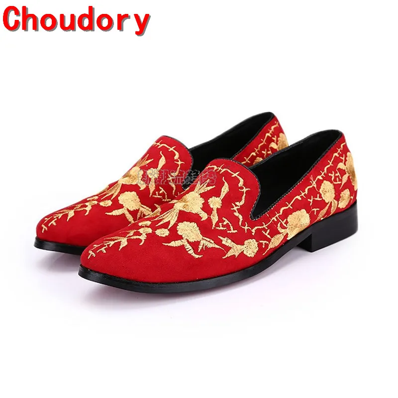 Choudory italian mens shoes red velvet summer spike dress loafers embroidery flats wedding party formal shoes men