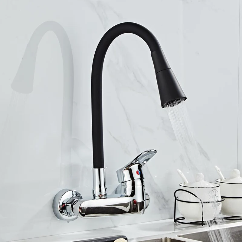 Becola Wall Mounted Kitchen Faucet Single Handle Bathroom Sink Mixer Taps Dual Holes Hot and Cold Water 360 Degree Free Rotation