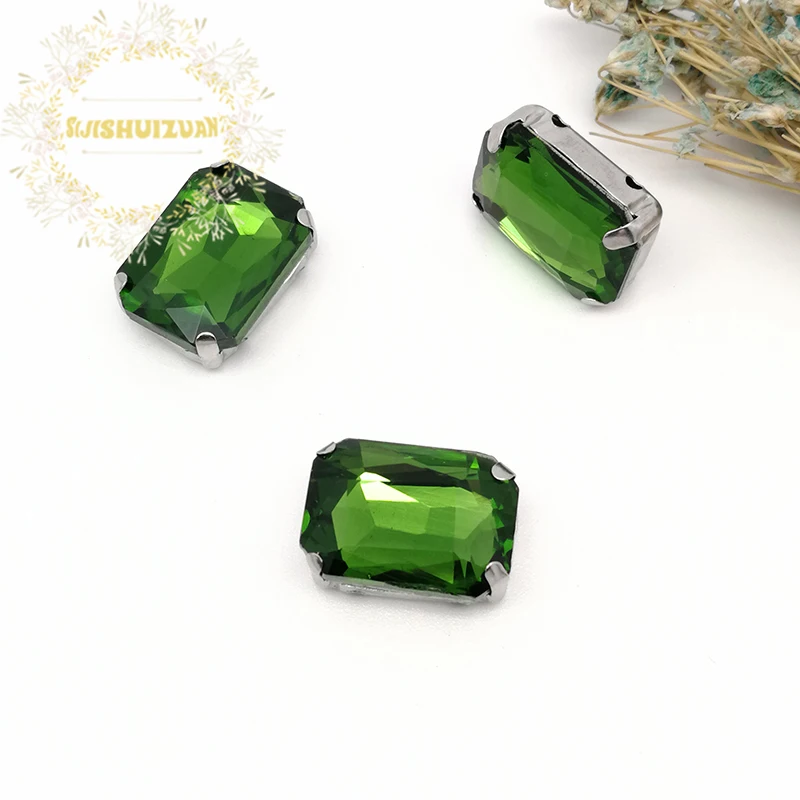 Emerald Rectangle Shape Glass Rhinestones With Silver Claw Sew On Crystal Stone Strass Diamond Metal Base Buckle For Clothes