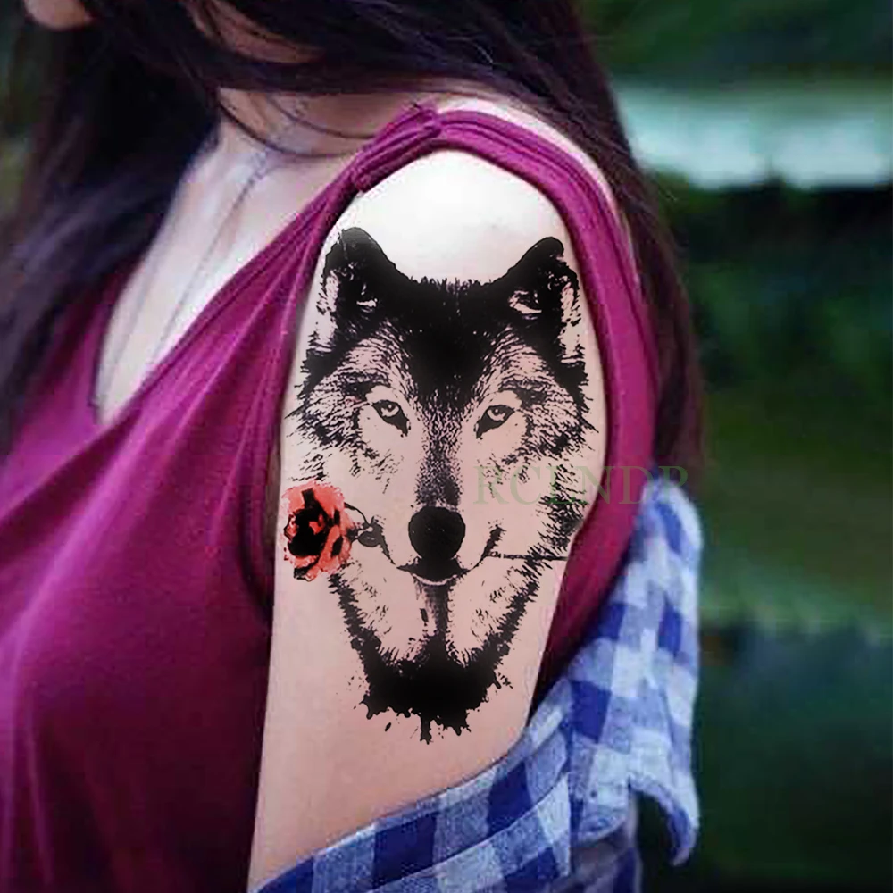 Waterproof Temporary Tattoo Sticker Wolves wolf hear Rose Fake Tatto Flash Tatoo Back Abdomen Arm tatouage for Girl Women Men