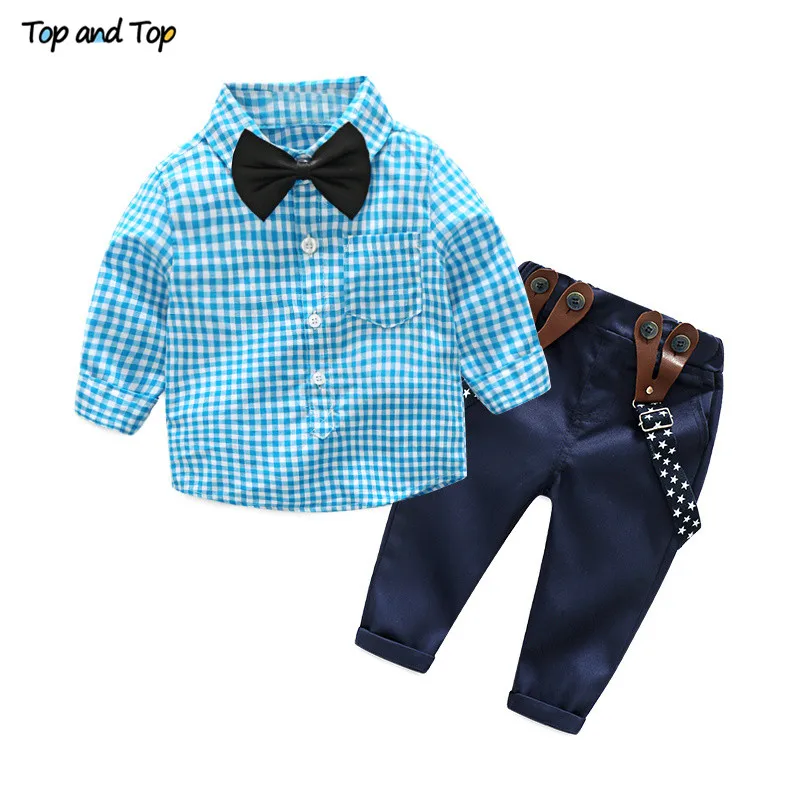 

Toddler Suit Cotton Baby Boy Clothes Spring Newborn Baby Sets Infant Clothing Gentleman Suit Plaid Bow Shirt + Suspender Trouser