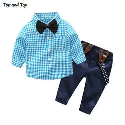 Toddler Suit Cotton Baby Boy Clothes Spring Newborn Baby Sets Infant Clothing Gentleman Suit Plaid Bow Shirt + Suspender Trouser