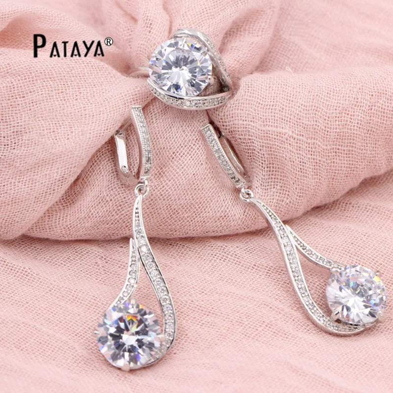 PATAYA New Wedding Jewelry Set Blue Round Natural Zircon Earrings Ring True White Gold Color Rainbow Accessories Vintage Jewelry