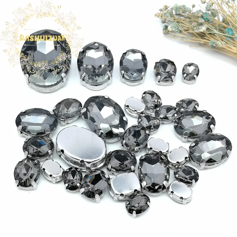 5 SIZES 30PCS Gray oval shape Glass Crystal sew on rhinestones with calw Diy wedding decoration