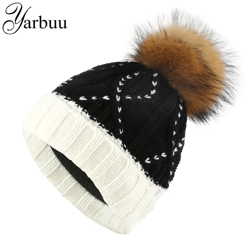 [YARBUU] mink fur ball cap knitted beanies winter hat for women girl 's hat brand new fashion casual thick female cap