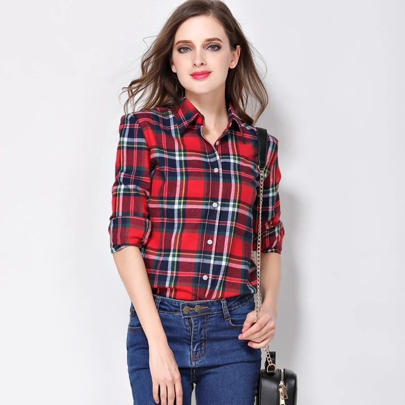 Women\'s Shirts 2023 Autumn and Winter female shirt plaid shirt women slim long sleeve cotton Blouse top female outerwear