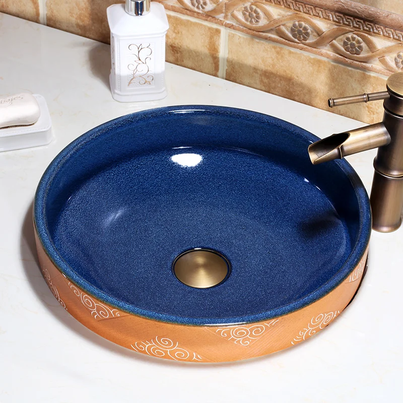 

China Artistic Handmade Ceramic Bathroom Sinks Lavobo Round Countertop Ceramic wash basin Bathroom Sink Semi-Counter Sink