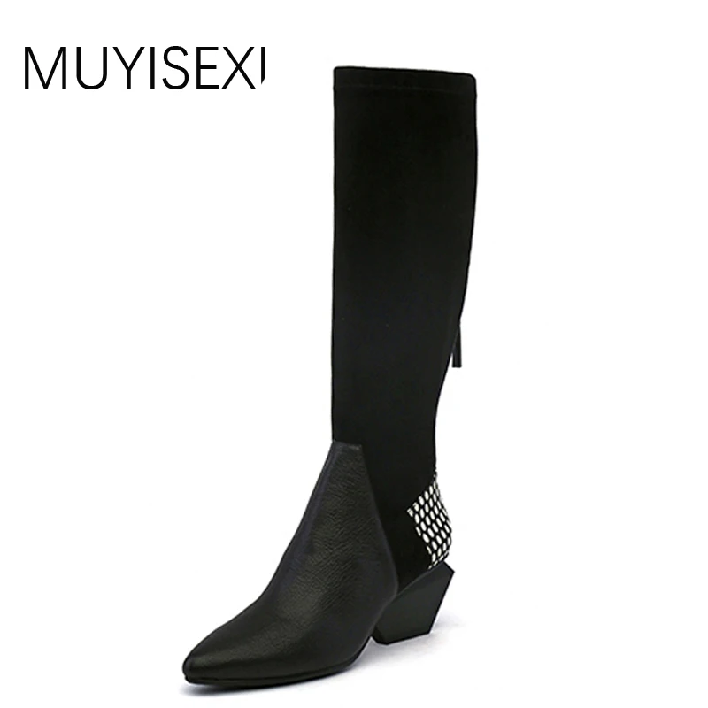 Knee High Boots Women Autumn Boots Zipper Genuine Leather Elastic Flock 6cm Strange High Heel Shoes Woman HL043 MUYISEXI