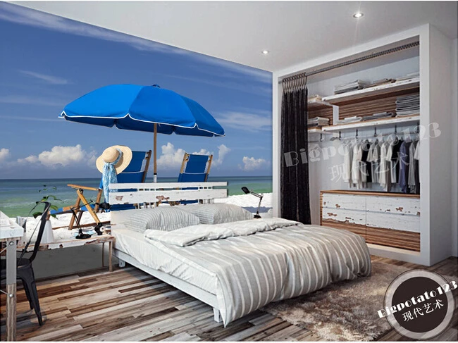 

The custom 3D murals,The Mediterranean Sea beach sun umbrella , the living room sofa TV wall bedroom background wall paper