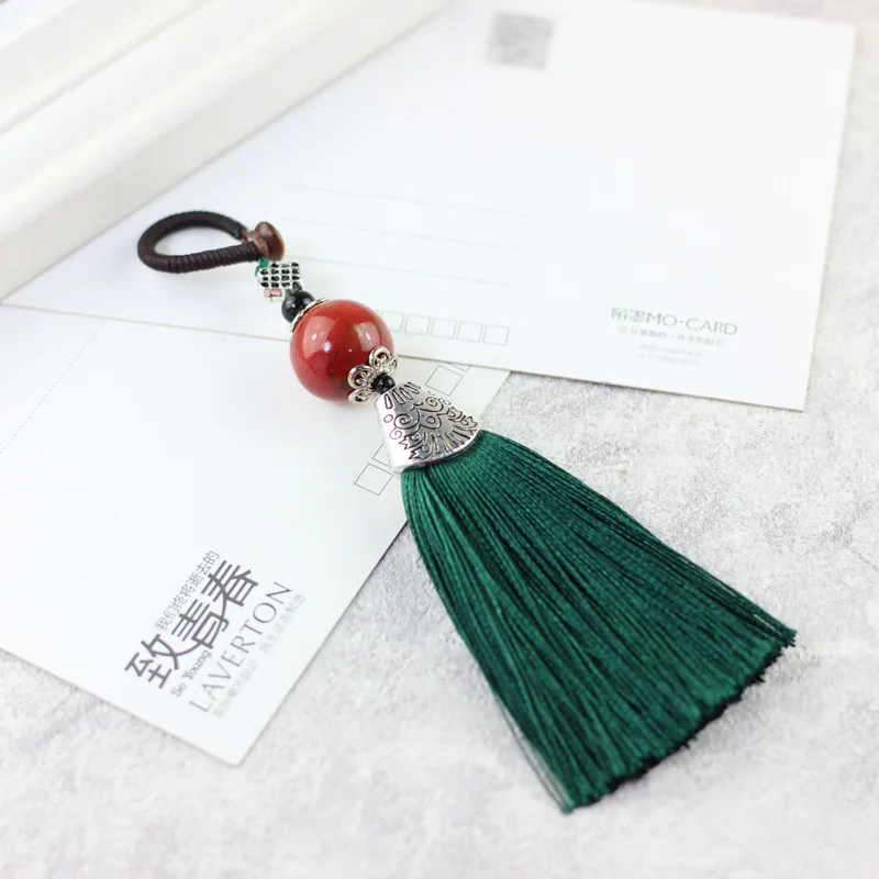 Chinese Style Ethnic Ceramic Stone Tassel Keychain Women Key Ring Vintage Handmade Weave Tassel Bag Car Key Holder Jewelry Gift