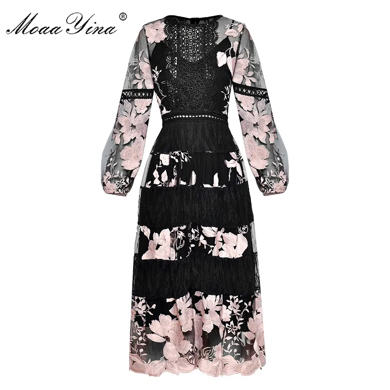 

MoaaYina Vintage Fashion Dress Spring Women's Lantern sleeve see through Mesh Floral Embroidery Sexy party Long Dress