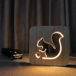 Wood 3D Illusion Night Light Lovely Squirrel Party Kid Desk Tabel Lamp LED Lighting Gift USB Decor Nightlight Baby Night Lamp