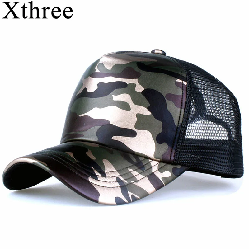 Xthree 5 Panels Summer Baseball Cap Mesh Cap Faux Leather Camouflage Snapback Hat Men Hip Hop Casquettes Hats for Women Bone