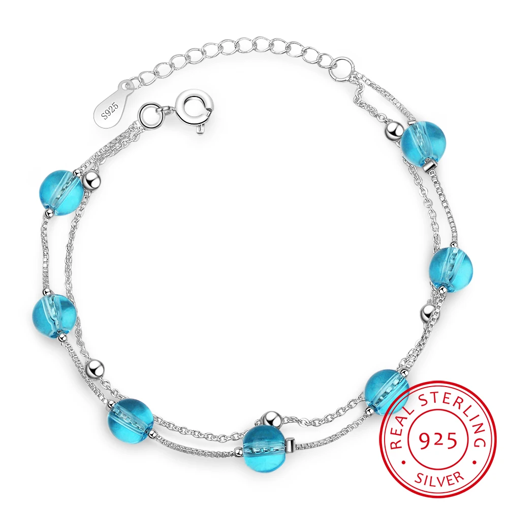 New Fashion Double Layer Blue Crystal 925 Sterling Silver Jewelry Personality Sweet Transfer Beads Bracelets Sb166