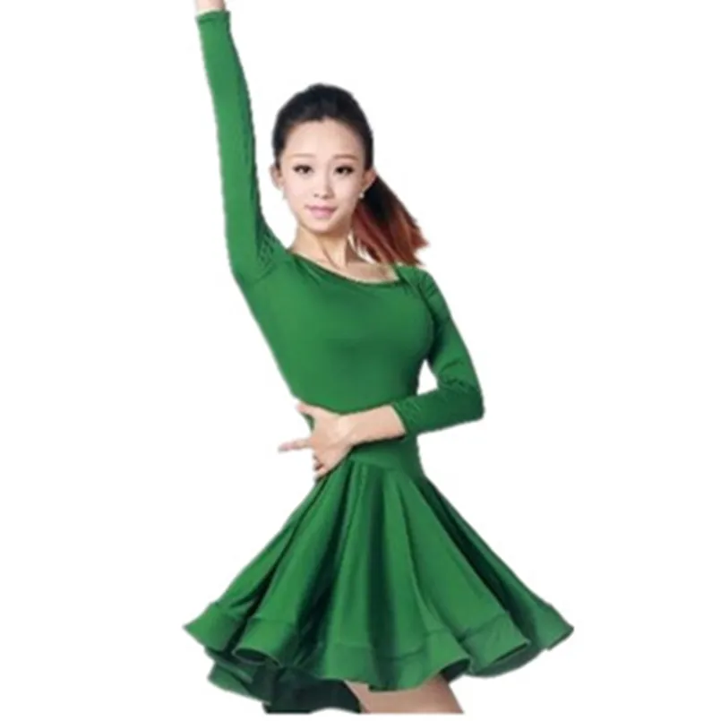 new women green/leopard Latin dance dress big pendulum tango dance practice costumes adult female long sleeve fishbone skirt