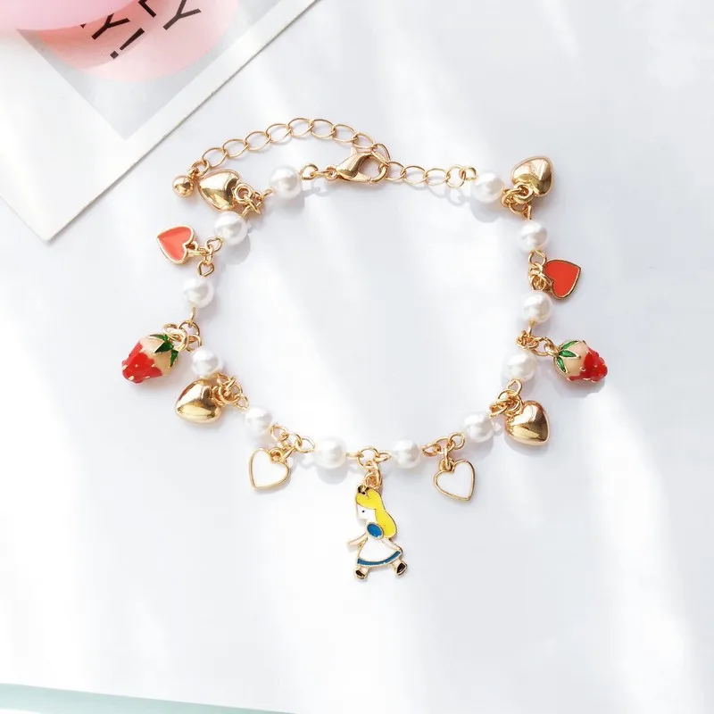 Kids Girls Gift Gold Color Heart Imatation Pearl Poker Strawberry Charms Alice in Wonderland Bracelet