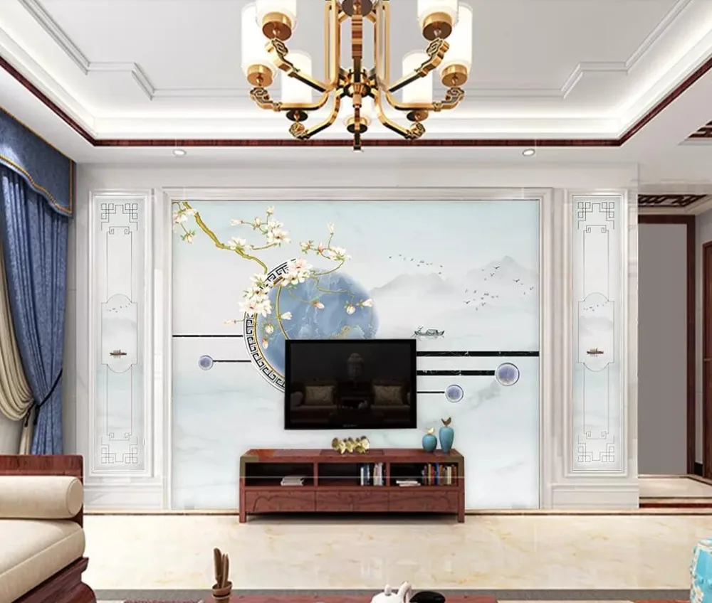 

Luxury yulan landscape flower moon round landscape wall panel background wall decoration wallpaper murals