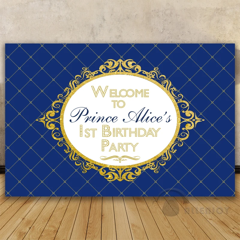 Prince Party Backdrop Baby Shower 1st Birthday Invitation celebration Party Blue Gold Table Banner photocall Background Allenjoy