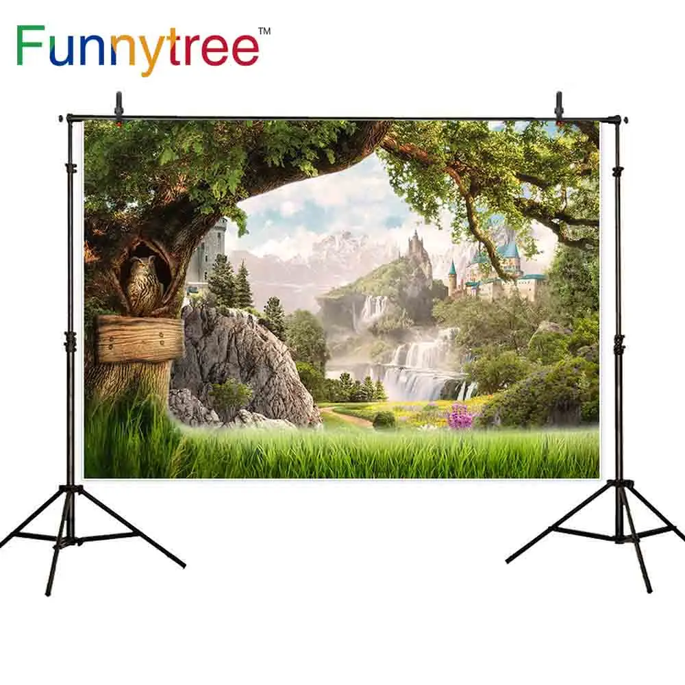 Funnytree fotografia photocall zamek góra drzewo drewno kraina czarów sowa natura użytki zielone fantasy backdrops zdjęcie tło