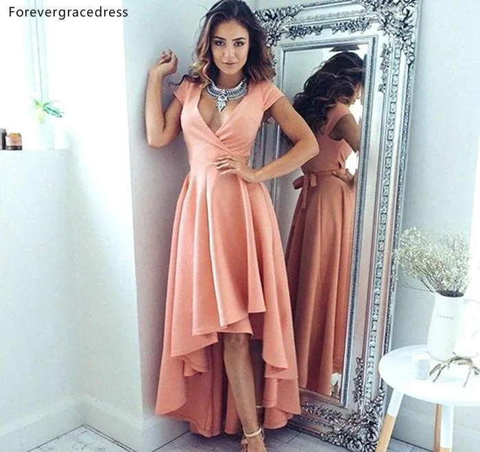 High Low Prom Dresses 2019 Latest Pink A Line V Neck Holidays Graduation Wear Evening Party Gowns Plus Size