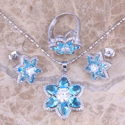 Angelic Sky Blue Cubic Zirconia White CZ Silver Plated Jewelry Sets Earrings Pendant Ring S0437