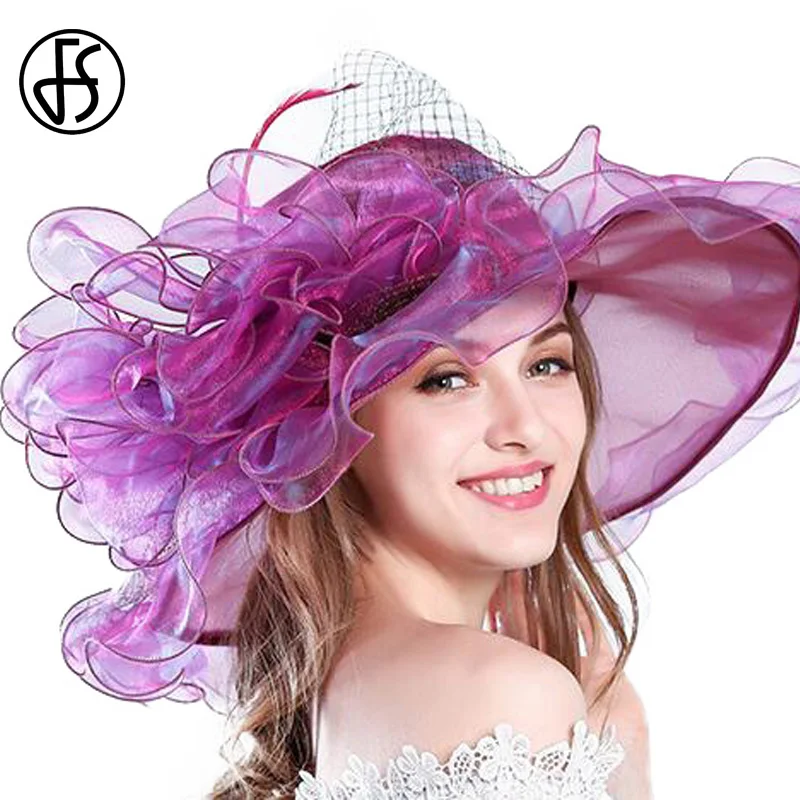 FS 2024 Fashion Summer Organza Kentucky Derby Hats For Women Elegant Ladies Wide Large Brim Church Wedding Hat With Big Flower