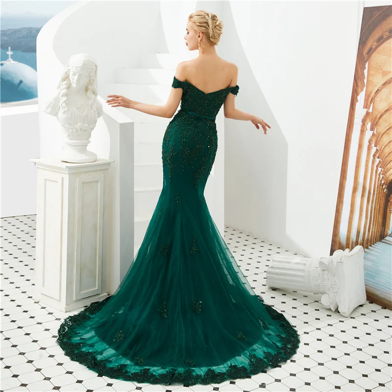 Vestido De noche De sirena verde oscuro, vestido De encaje con apliques De cuentas, con hombros descubiertos, 2022