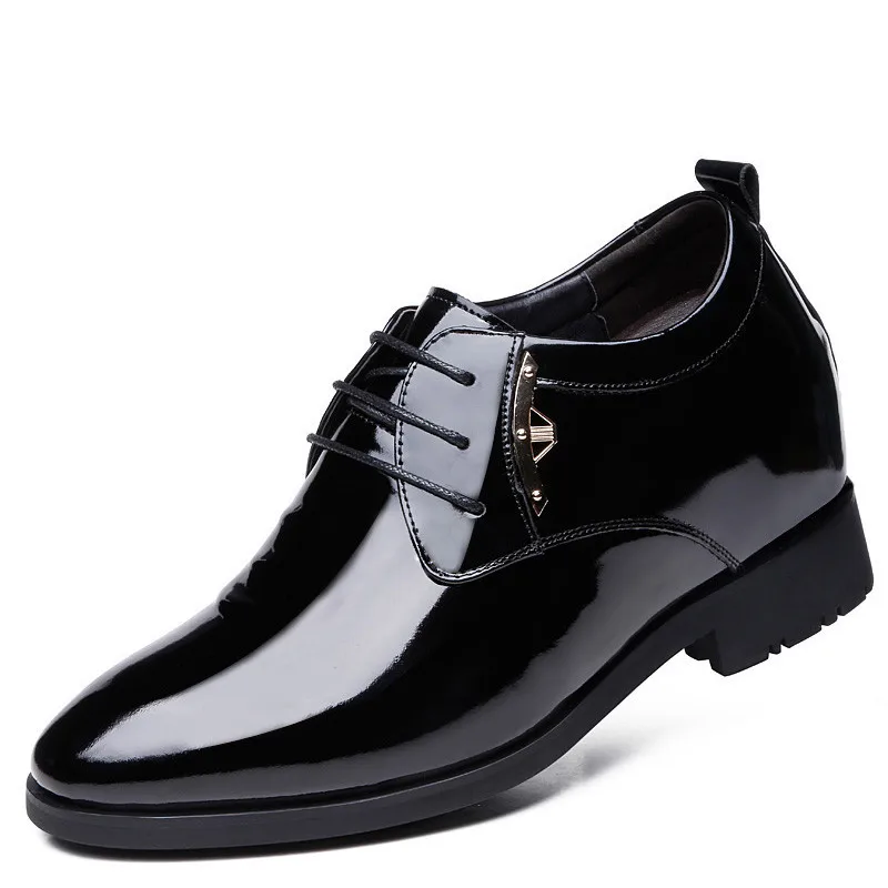 Black Patent Leather Men's Formal Dress Shoes With Hidden Elevator Insole Height Increasing 7CM or 9CM for Wedding Party