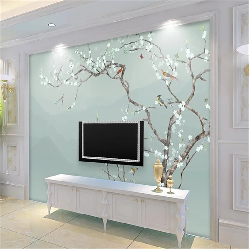 Custom wallpaper 3d mural minimalist Chinese style hand-painted pen flower bird landscape wall decoration painting 3d wallpaper