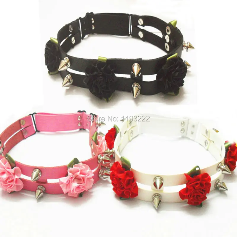 Großhandel 3 Farben Mode Kawaii Blume Strumpfband Gürtel, Handgemachten Punk Goth Leder Spikes Zweireihig Besetzt Bein Ring Schleife