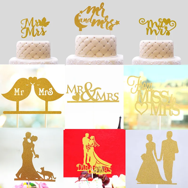 Glitter Love Heart Wedding Cake Topper Bride Groom Mr Mrs Souvenirs Birthday Party Decoration Wrapper Baby Shower Centerpieces