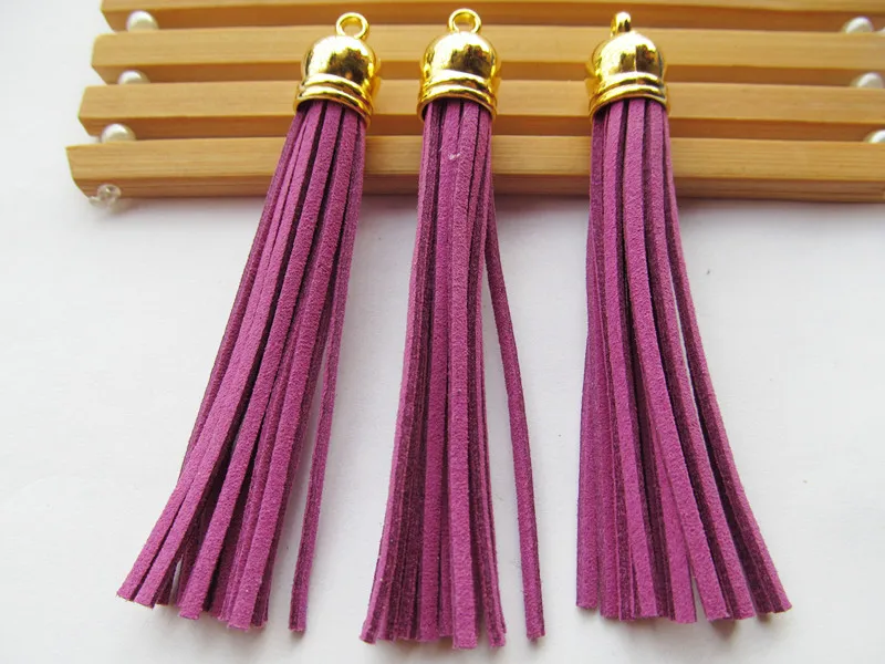 

Free Shipping 100Pcs 90mm Purple Suede Leather Jewelry Tassel For Key Chains/ Cellphone Charms Top Plated End Caps Cord Tip