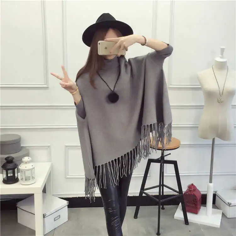 2017 Winter Women Turtleneck Pullover Korean Fashion  Loose wool Batwing Sweater Ladies Knitted Ponchos and Capes Coat