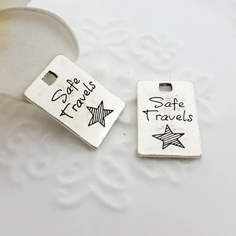 

14*21MM "Safe travels" alloy metal word charms, star rectangle silver color lettering message Pendants diy jewelry accessories