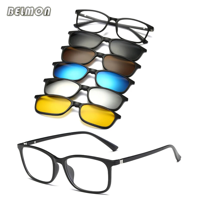 Belmon Spectacle Frame Men Women With 5 Piece Clip On Polarized Sunglasses Magnetic Glasses Male Driving Myopia Optical RS477