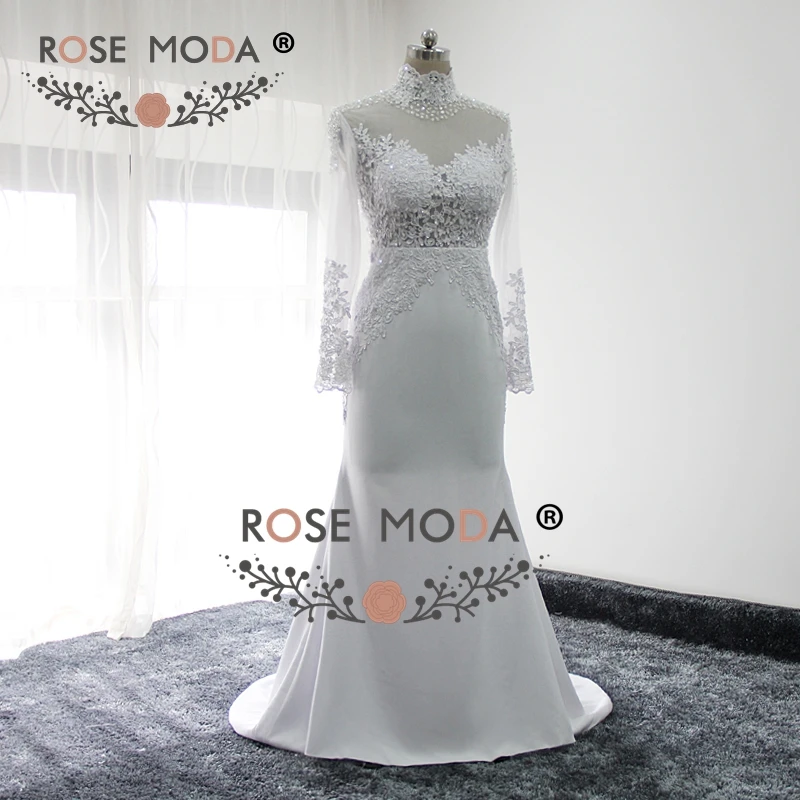 Rose Moda High Neck Long Sleeves Wedding Dress with Cut Out Back Real Photos