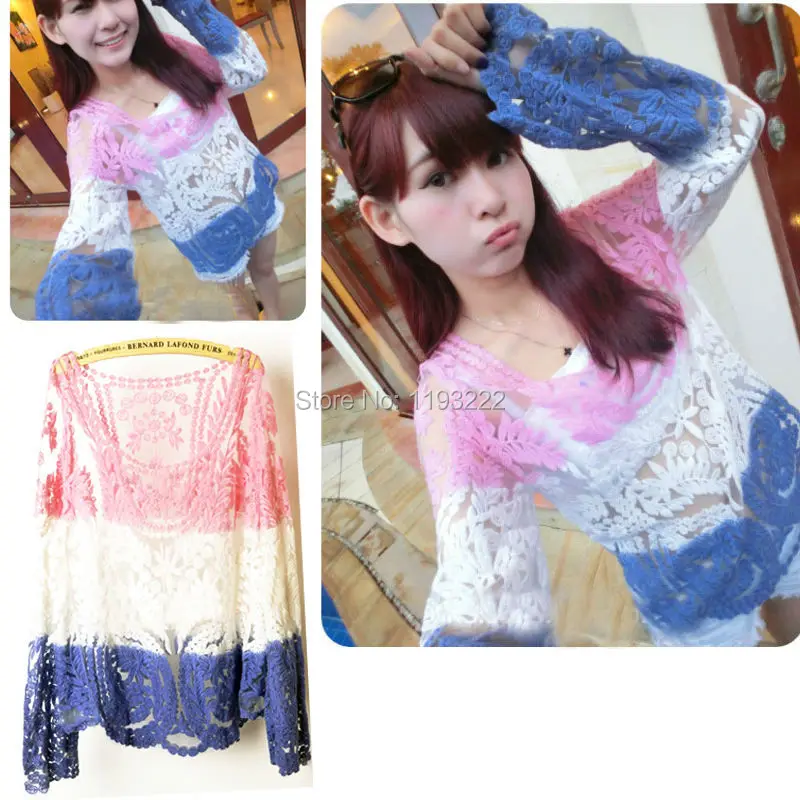 Cute Women Cotton Lady Embridery Lace Blouse Semi Sheer Crochet  Floral Tops Long Sleeve Gradient T Shirts Blouses Shirt